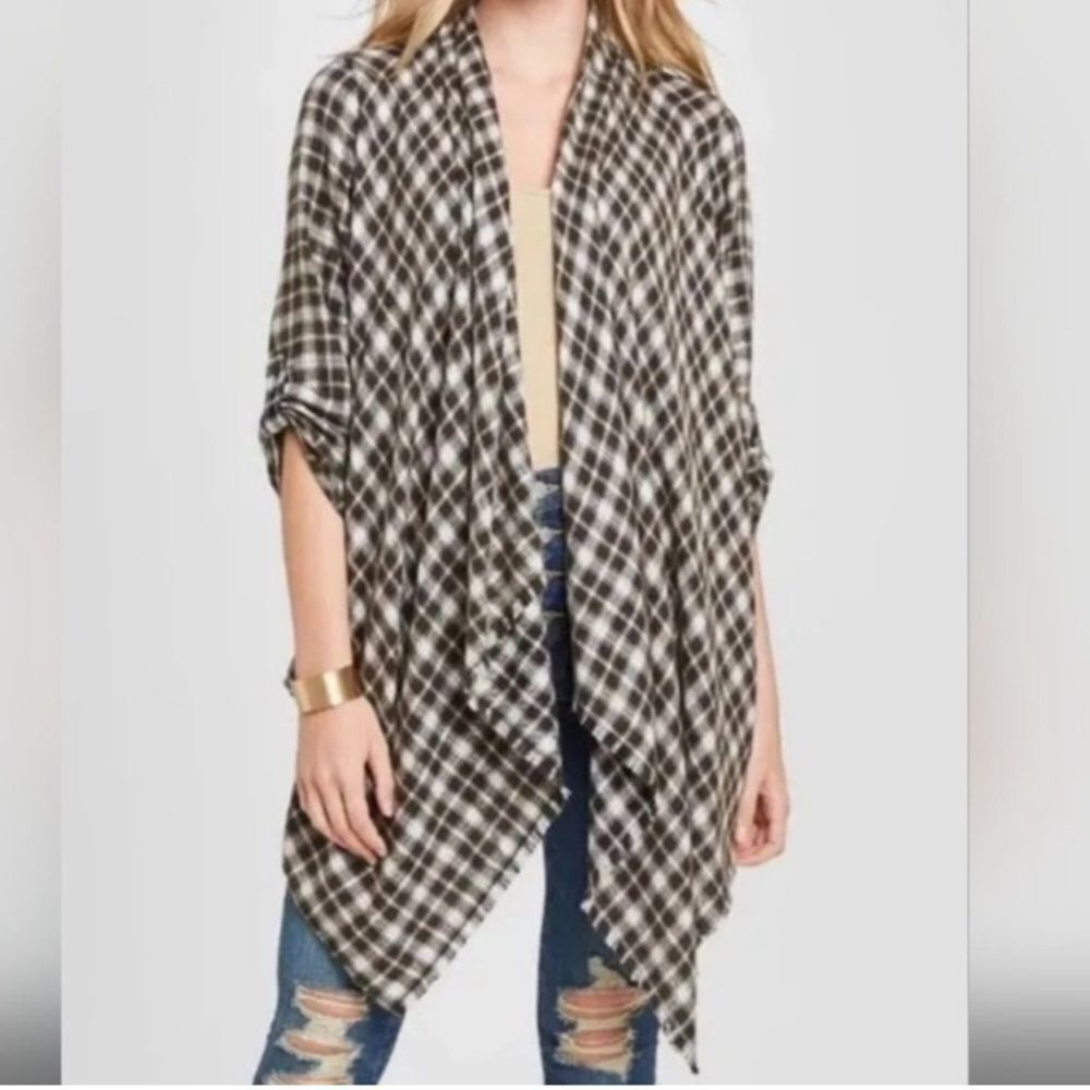 KNOX ROSE Sz S NWT Brown & White Plaid Shawl Tab Sleeve